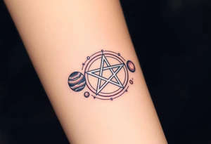 A silver pentagram surrounded by planetary orbits, each planet glowing in soft celestial hues. tattoo idea