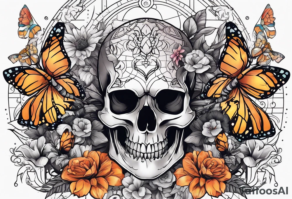 Large scorpion with a skull, flowers, and butterflies tattoo idea