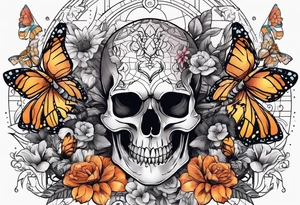 Large scorpion with a skull, flowers, and butterflies tattoo idea
