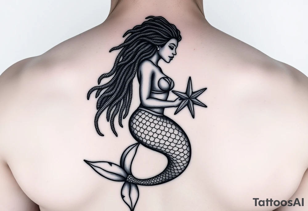 black woman mermaid with locs holding a starfish, floating majestical tattoo idea