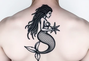 black woman mermaid with locs holding a starfish, floating majestical tattoo idea