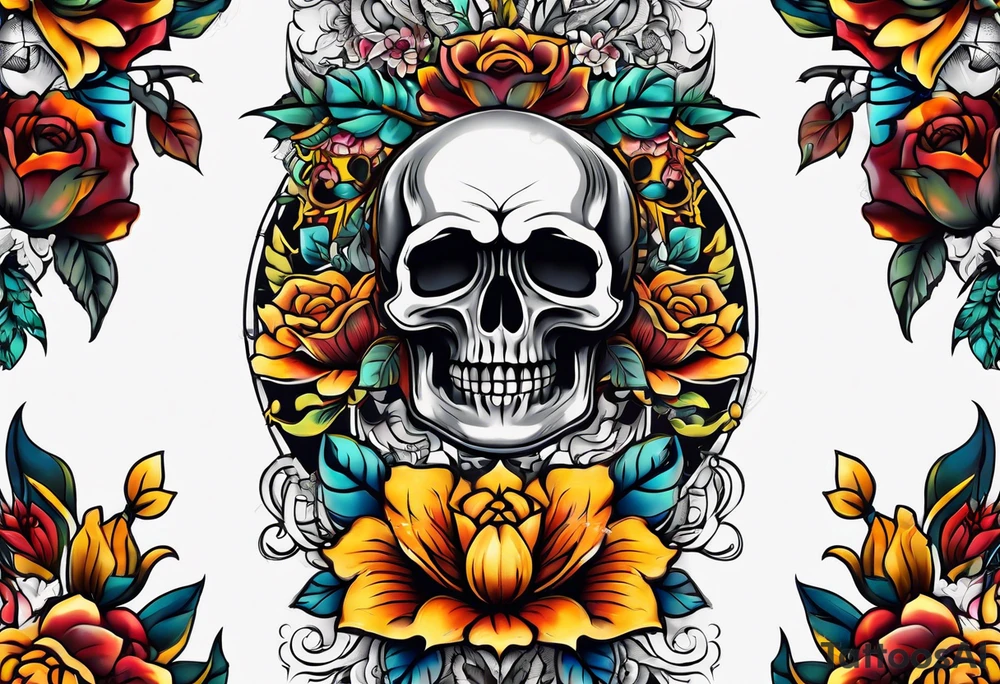 Old school center Knee tattoo with skulls, various flowers, water shapes and fall colors tattoo idea
