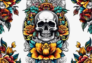 Old school center Knee tattoo with skulls, various flowers, water shapes and fall colors tattoo idea