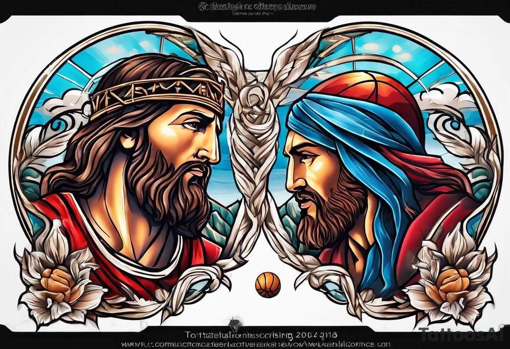 jesus christ and messi playing basketball tattoo idea