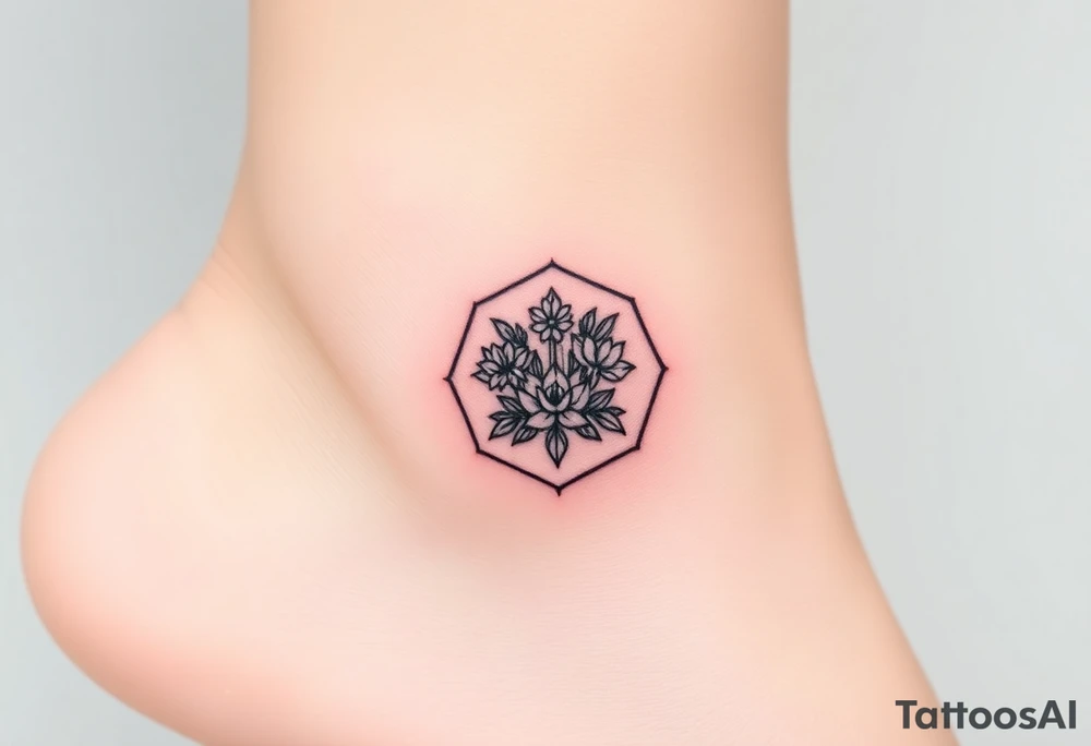 Faint Hexagon with astrological sign for Leo, larkspur and water lilies in the center tattoo idea