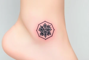 Faint Hexagon with astrological sign for Leo, larkspur and water lilies in the center tattoo idea