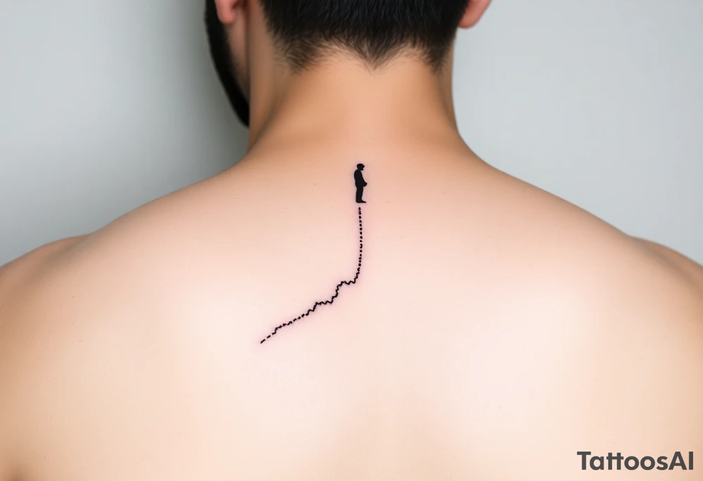 Minimalist black-ink forearm tattoo symbolizing father and son, legacy, and continuation of unfinished dreams. A single rising line starts fragmented at the bottom (father’s unfinished work) and grows solid as it ascends (son carrying the legacy). Fine particle-like lines flow upward along the path, representing the father’s guidance. Subtle abstract outline of father watching over the line at the top. Include Roman numerals VI·IV·MMXXIII and optionally “Building what he couldn’t”. Vertical forearm layout, minimalistic, clean fine-line style, emotionally powerful, black-ink only. tattoo idea