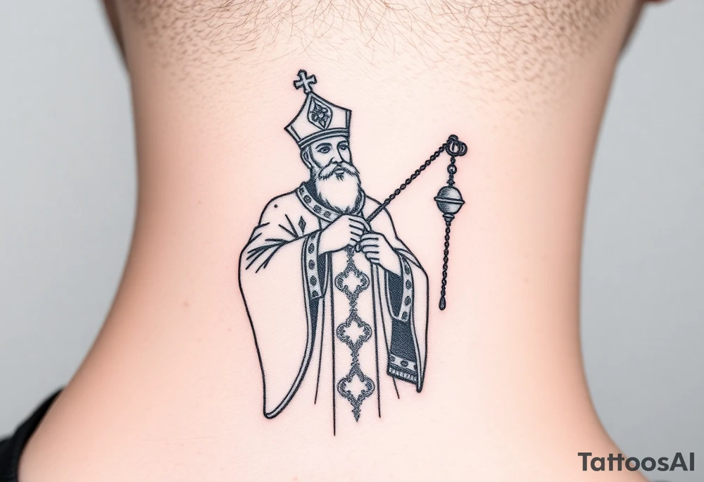Russian orthodox priest in a detailed vestment swinging censer chains tattoo idea