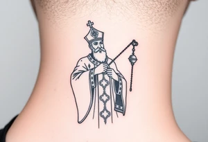 Russian orthodox priest in a detailed vestment swinging censer chains tattoo idea