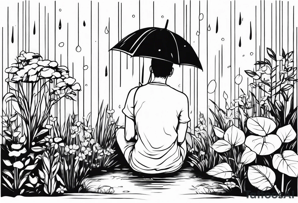person under rain in garden tattoo idea
