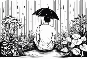 person under rain in garden tattoo idea