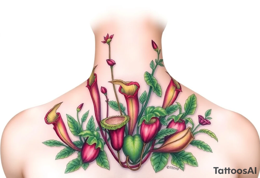 carnivorous plants neck, chest, back, and arm sleeves
I want these spots covered in these plants, ranging from venus fly traps to others
Make it masculine looking, I want it to look kinda like a plant guide book tattoo idea