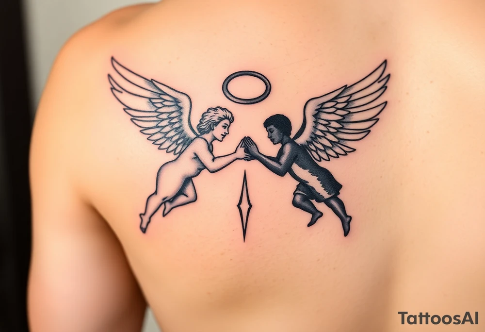 white angel and black angel from flying at each other, fighting over a halo tattoo idea