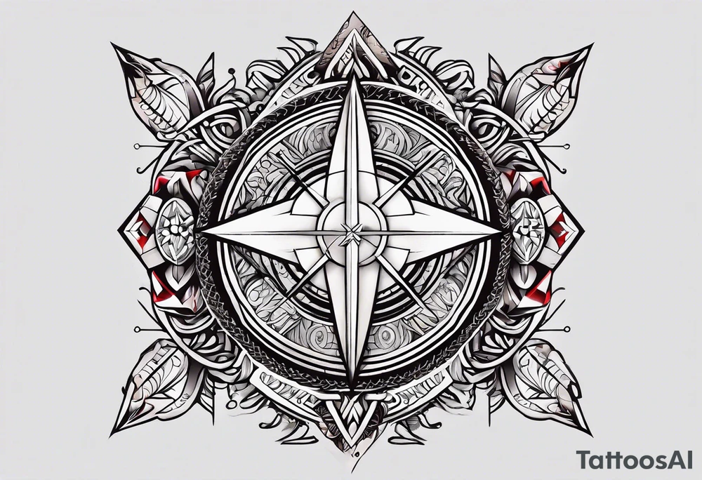 Geometric tapestry with trident and and marathon on arm tattoo idea