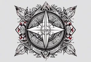 Geometric tapestry with trident and and marathon on arm tattoo idea