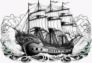 Purple and green kraken blue water brown ship breaking tattoo idea