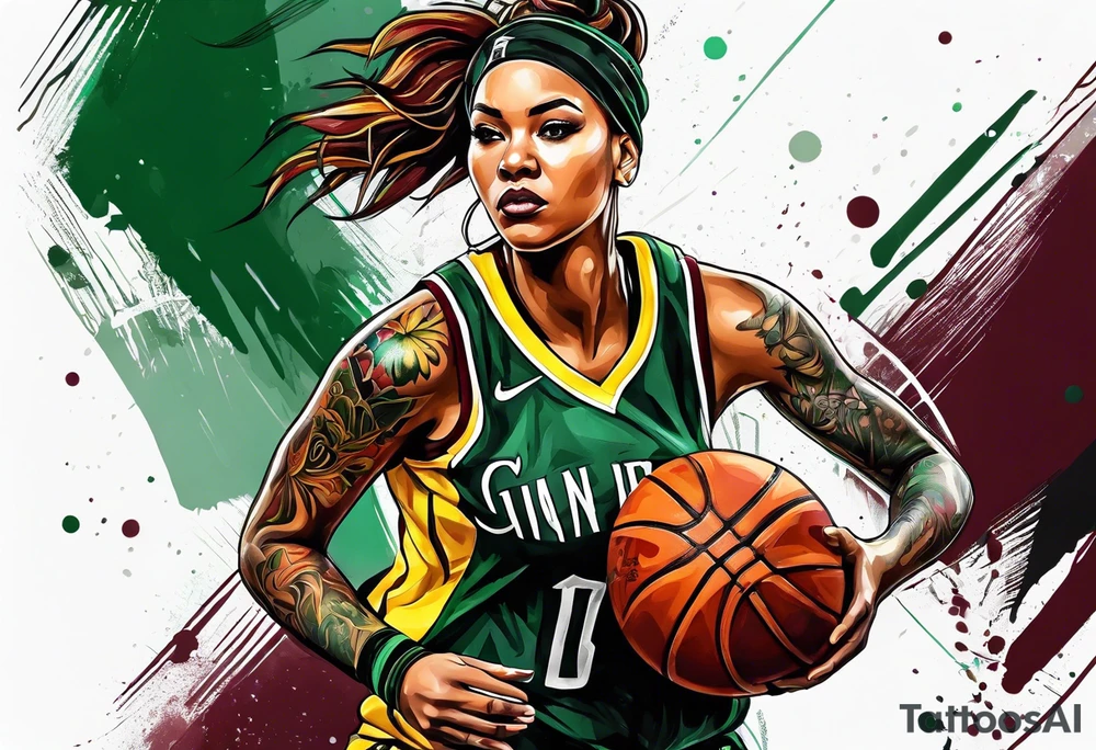 female basketball player with colors green, yellow, maroon and black tattoo idea