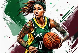female basketball player with colors green, yellow, maroon and black tattoo idea
