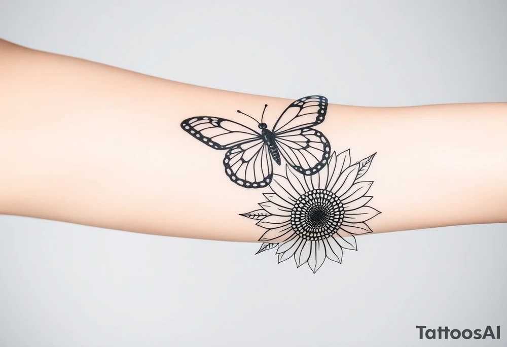Bohemian hippie butterfly sitting atop a stylized  sunflower with mandala petals tattoo idea