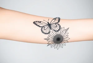 Bohemian hippie butterfly sitting atop a stylized  sunflower with mandala petals tattoo idea