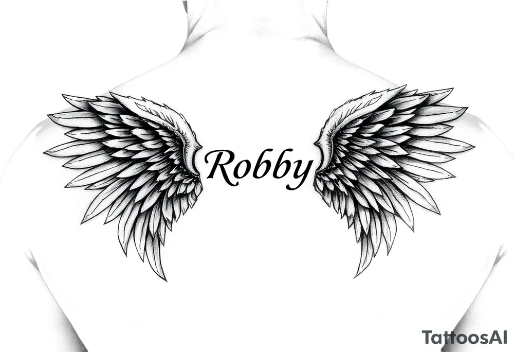 Angel wings on both shoulders and the name Robby in between them tattoo idea
