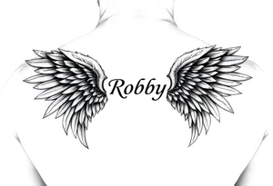 Angel wings on both shoulders and the name Robby in between them tattoo idea