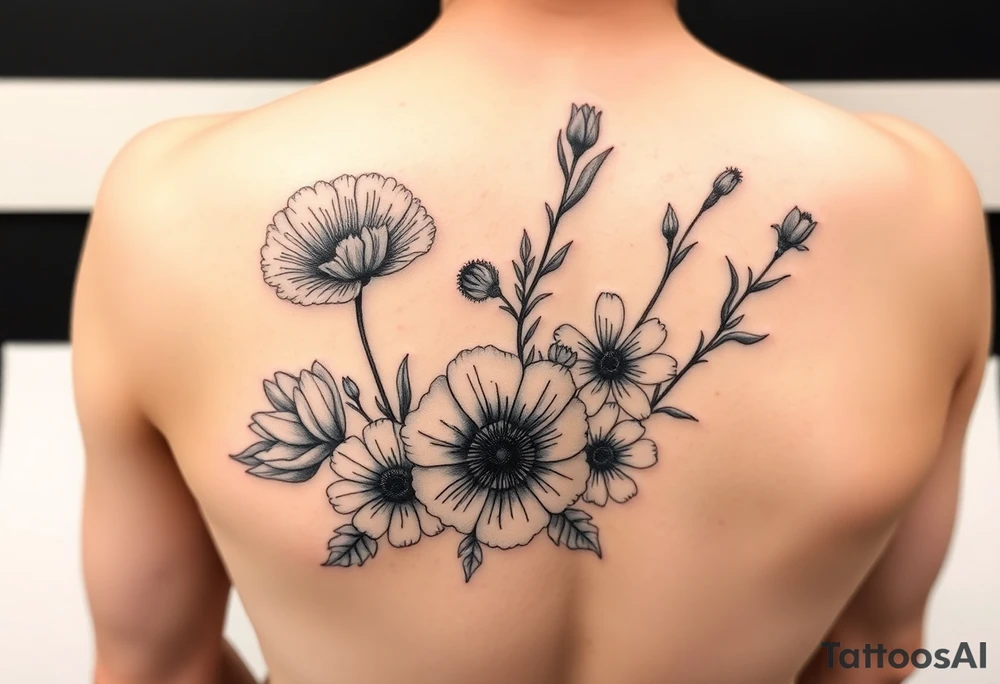 poppy, gladiolus, holly, narcissistic, daisy, and sweet pea arm tattoo tattoo idea