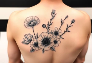 poppy, gladiolus, holly, narcissistic, daisy, and sweet pea arm tattoo tattoo idea