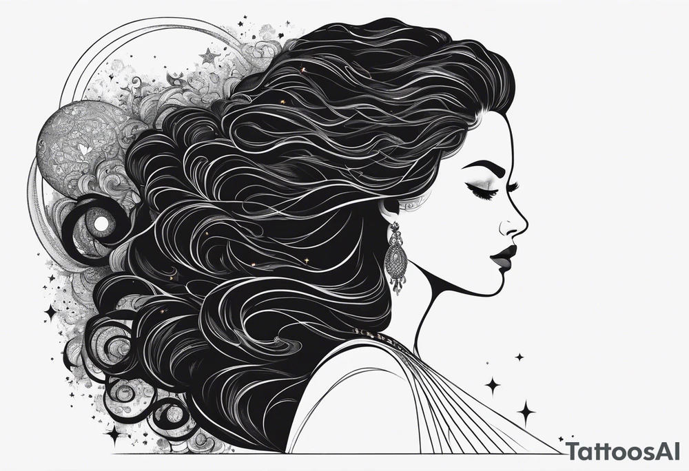 A shadow of a woman's head with long curly hair like Merida from Brave movie and her hair is made of stars planets and galaxies. Just the shadow of the woman no face tattoo idea