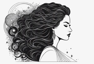 A shadow of a woman's head with long curly hair like Merida from Brave movie and her hair is made of stars planets and galaxies. Just the shadow of the woman no face tattoo idea