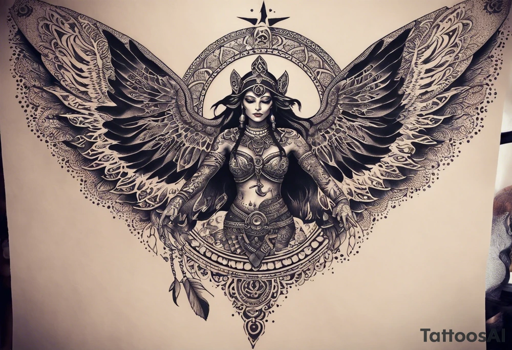 black kali, goddess pirate, alien, angel, pachamama, valkrye, warrior, flying, skull, lotus azul, wing, eagle, zenza resonance, stars, 5D, anahata chakra, death, durga, riding on a tiger, flying lady, kundalini, chest tatoo tattoo idea