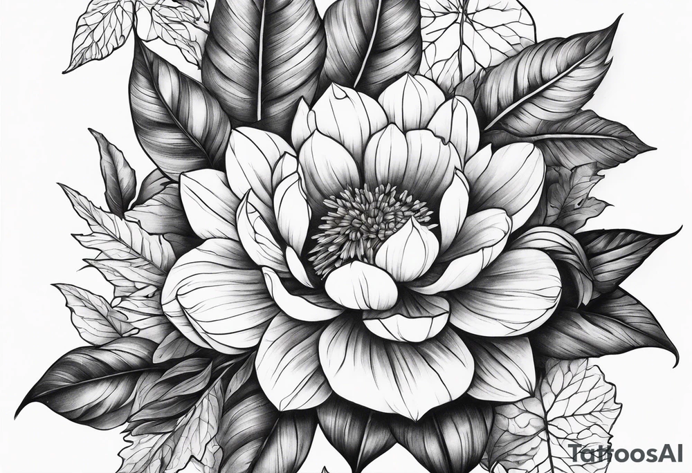 Front knee tattoo with fall colors, flowers, leaves, water tattoo idea