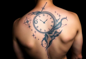 cover up tattoo inspired by the space and time that covers the upper portion of the back that bleeds into back tattoo idea