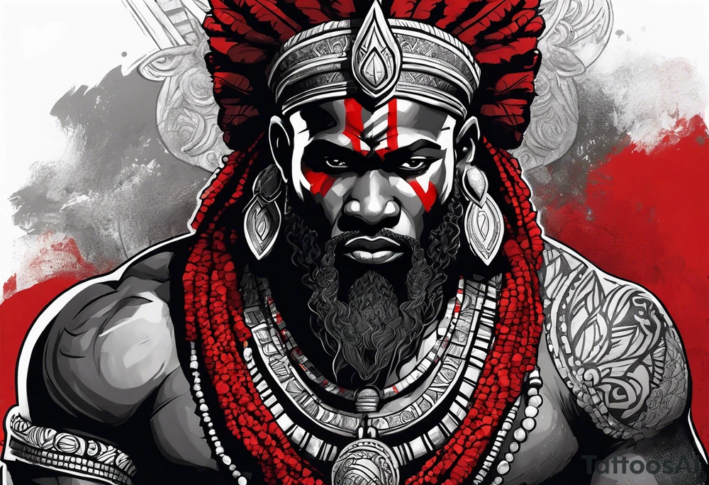 african god of war,  wearing a small silver crown and wearing a red necklace tattoo idea