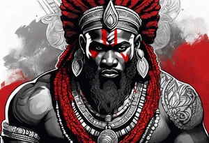 african god of war,  wearing a small silver crown and wearing a red necklace tattoo idea
