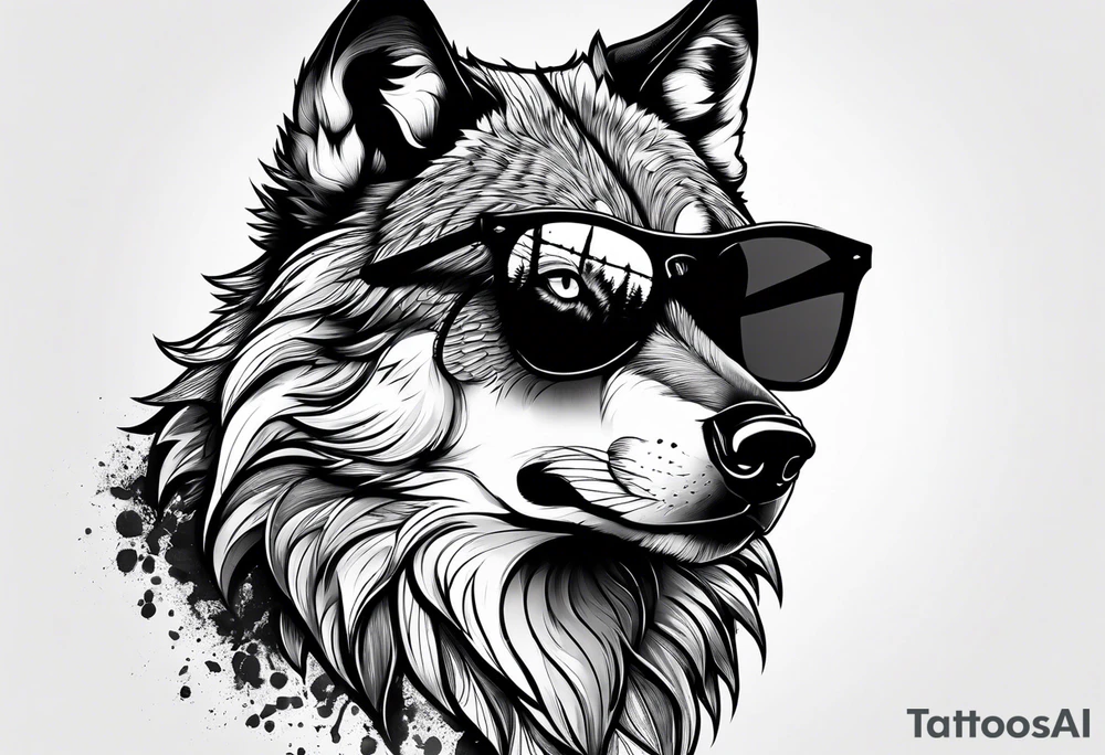Badass wolf wearing sunglasses tattoo idea
