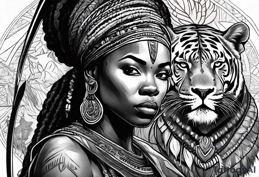 African woman warrior with tribe scars and spear in hand with animals in background tattoo idea