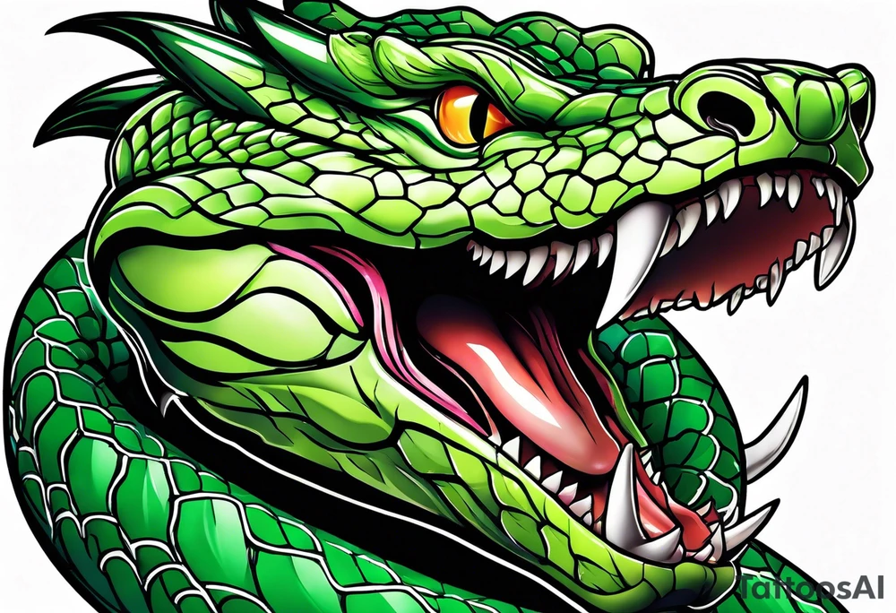 A green viper with mouth open showing fangs tattoo idea