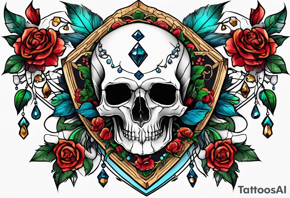 Neo traditional floral chest piece with animal skull and gems tattoo idea