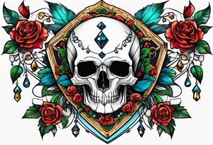 Neo traditional floral chest piece with animal skull and gems tattoo idea