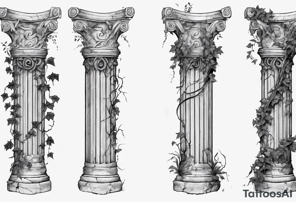 Half of a roman pillar in the Ionian style with the word "OMNIA" inscribed on the top. It has cracks in the middle and overgrown ivy at the bottom. It is turned 20 degrees to the right. tattoo idea