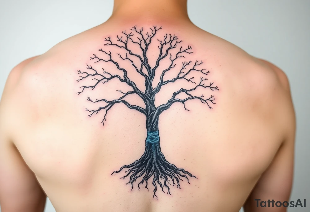 Black and white Tree with roots. Blue water inside the whole tree like veins tattoo idea