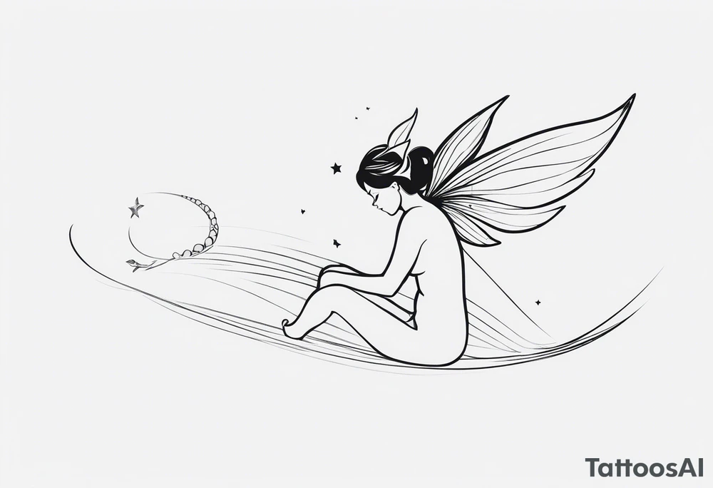 Minimalistic, monochromatic fairy with a tail flying to the left in a fetal position, leaning and looking in the same direction, with visible hands, embodying the 'Fairy Tail' logo aesthetic. tattoo idea
