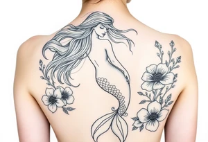ethereal mermaid with flowing hair among coral and sea flowers tattoo idea