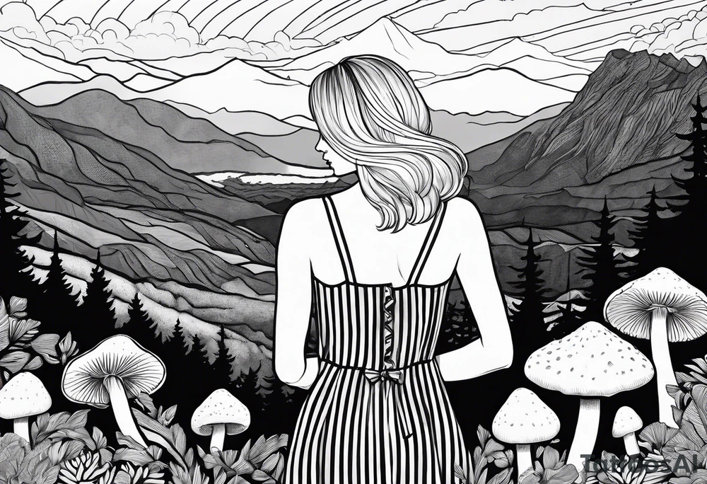 Straight blonde hair girl holding oyster mushrooms in hand facing away toward mountains surrounded by mushrooms black and white striped dress tattoo idea