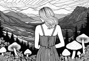 Straight blonde hair girl holding oyster mushrooms in hand facing away toward mountains surrounded by mushrooms black and white striped dress tattoo idea