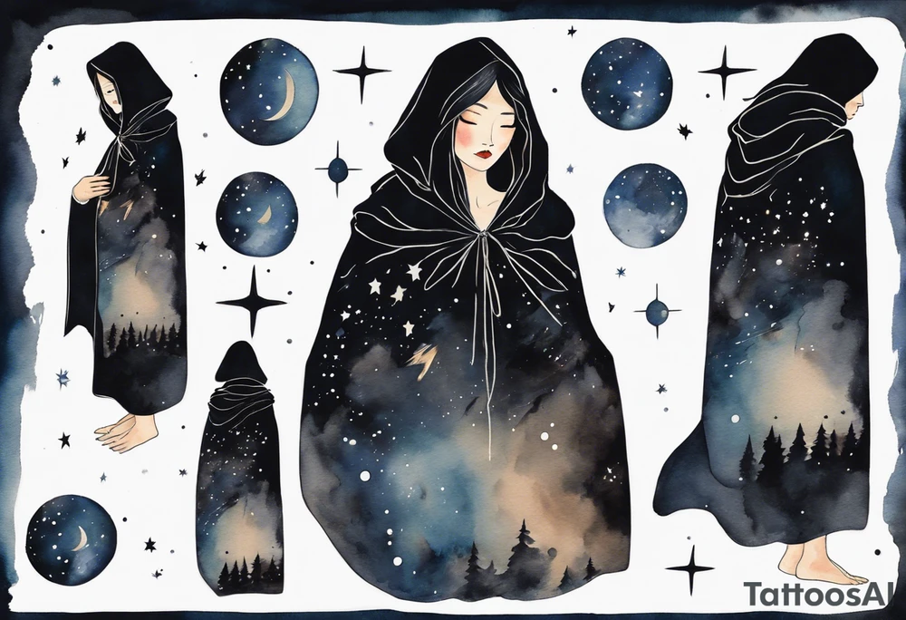a beautiful 50-year-old Dakota woman wearing black cloak with the night sky in the background tattoo idea