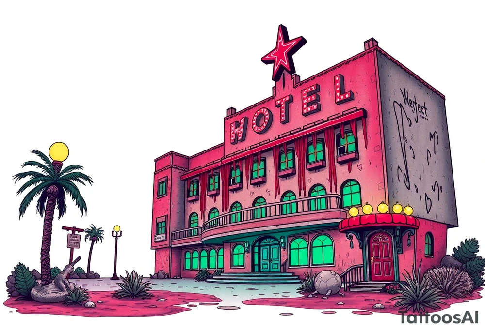 Tim Burton’s vegas sex hotel from outside viewis abandoned and dripping with muted reds, dusty pinks, and eerie green glow. tattoo idea tattoo idea