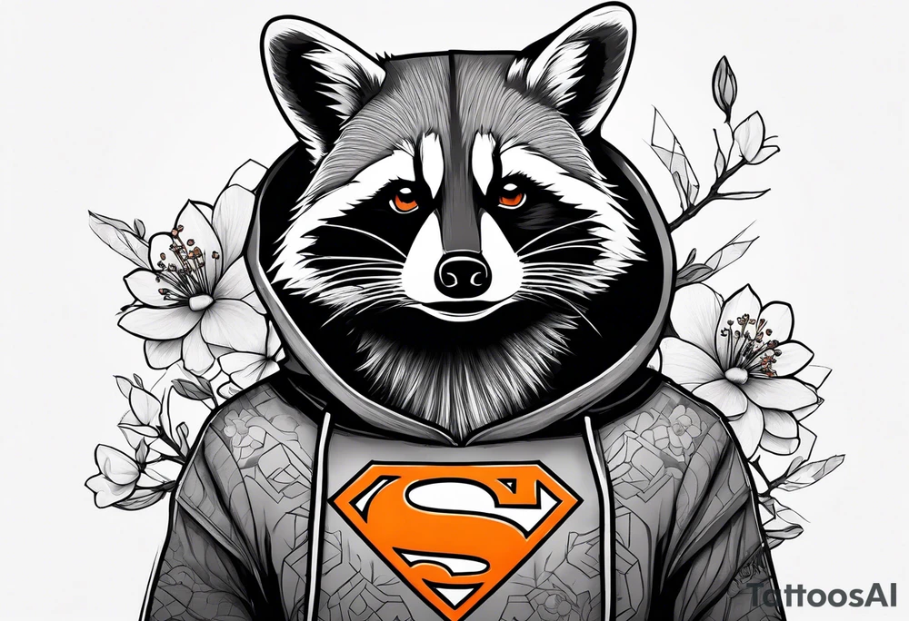 raccoon wearing a black and white Superman hoodie and orange Japanese cherry blossoms tattoo idea