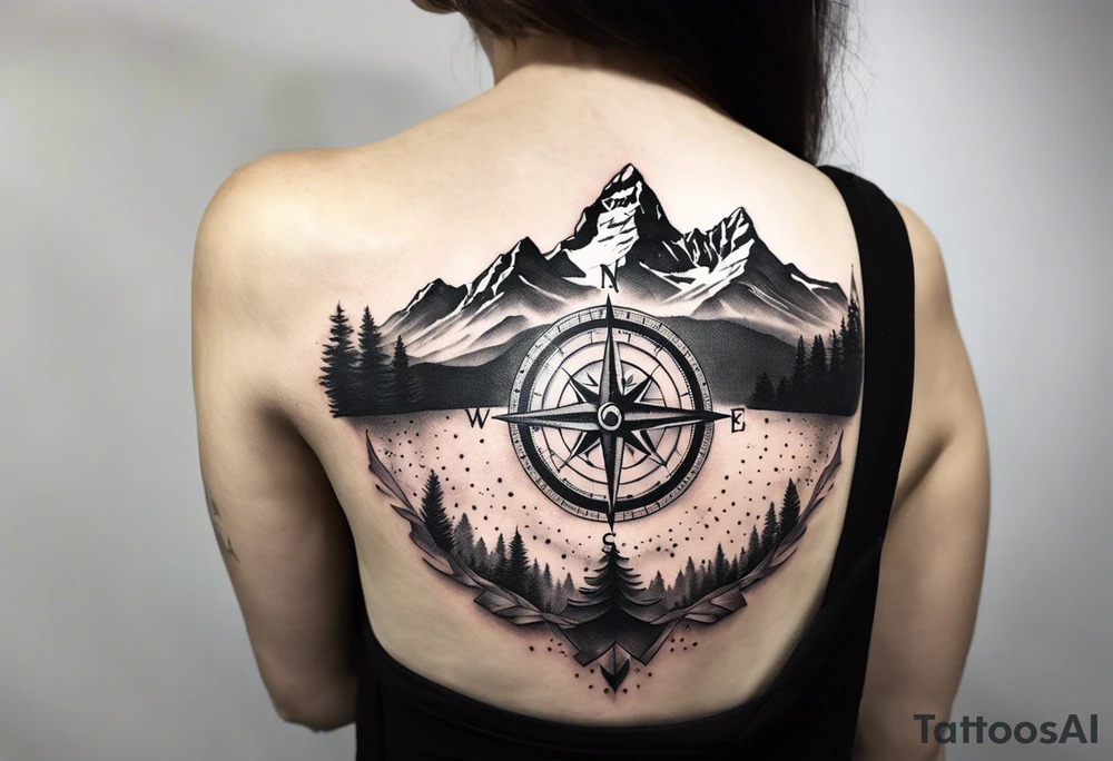 compass on shoulder with grand Tetons in the middle tattoo idea